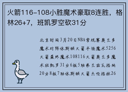 火箭116-108小胜魔术豪取8连胜，格林26+7，班凯罗空砍31分