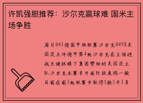许凯强胆推荐：沙尔克赢球难 国米主场争胜